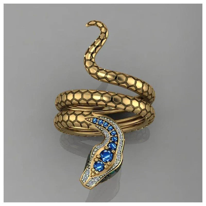 Charm Golden Snake Ring Blue Rhinestone Inlaid Snake