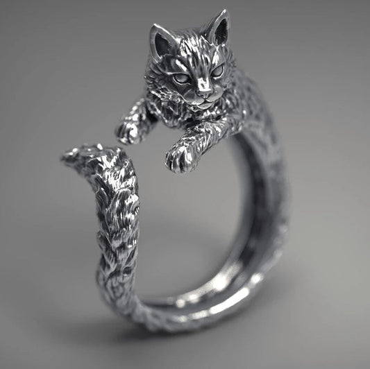 Vintage Silver Color Cat Ring for Men Women