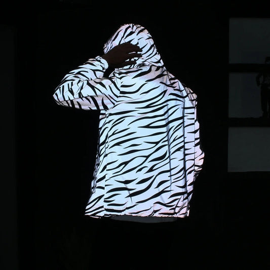 Leopard zebra reflective Night shining Hooded Windbreaker Jacket