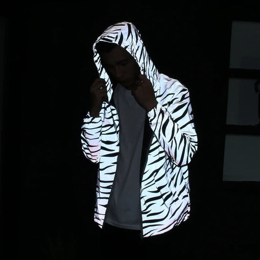 Leopard zebra reflective Night shining Hooded Windbreaker Jacket