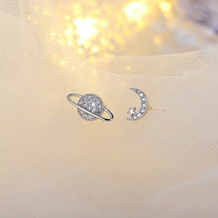 Zircon Star Moon Mini Earrings for Women Cute Korean Planet Asymmetric Ear Studs Piercing Earrings Jewelry Gifts