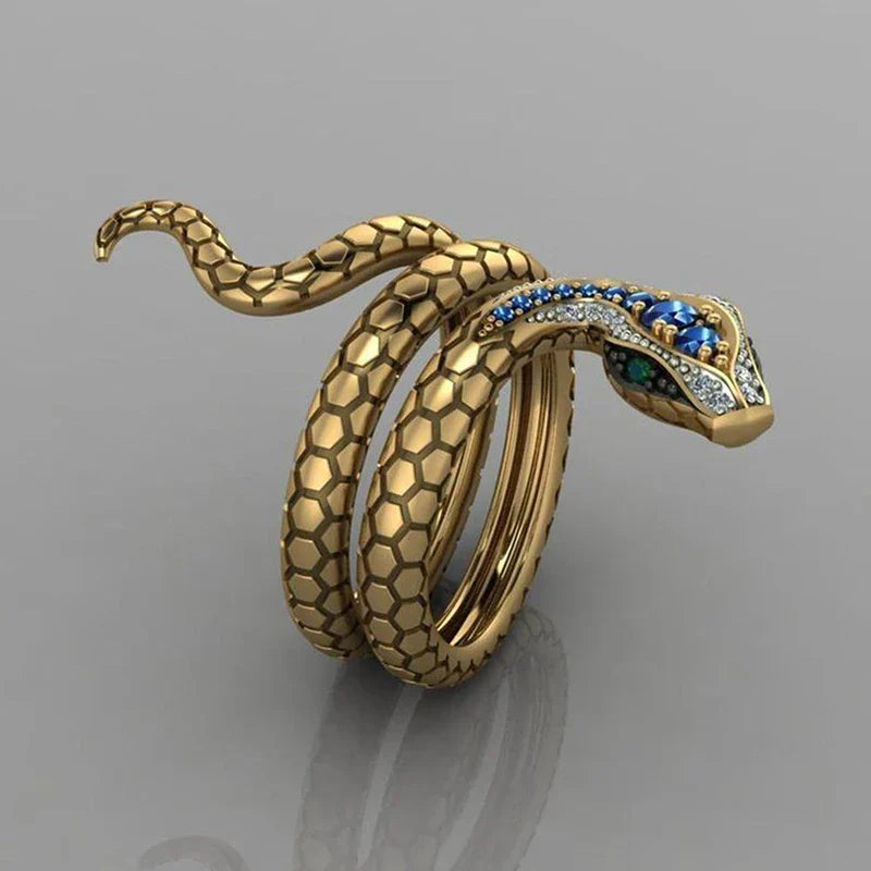 Charm Golden Snake Ring Blue Rhinestone Inlaid Snake