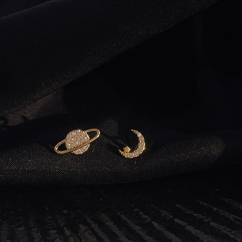 Zircon Star Moon Mini Earrings for Women Cute Korean Planet Asymmetric Ear Studs Piercing Earrings Jewelry Gifts