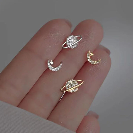 Zircon Star Moon Mini Earrings for Women Cute Korean Planet Asymmetric Ear Studs Piercing Earrings Jewelry Gifts