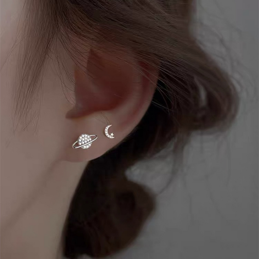 Zircon Star Moon Mini Earrings for Women Cute Korean Planet Asymmetric Ear Studs Piercing Earrings Jewelry Gifts