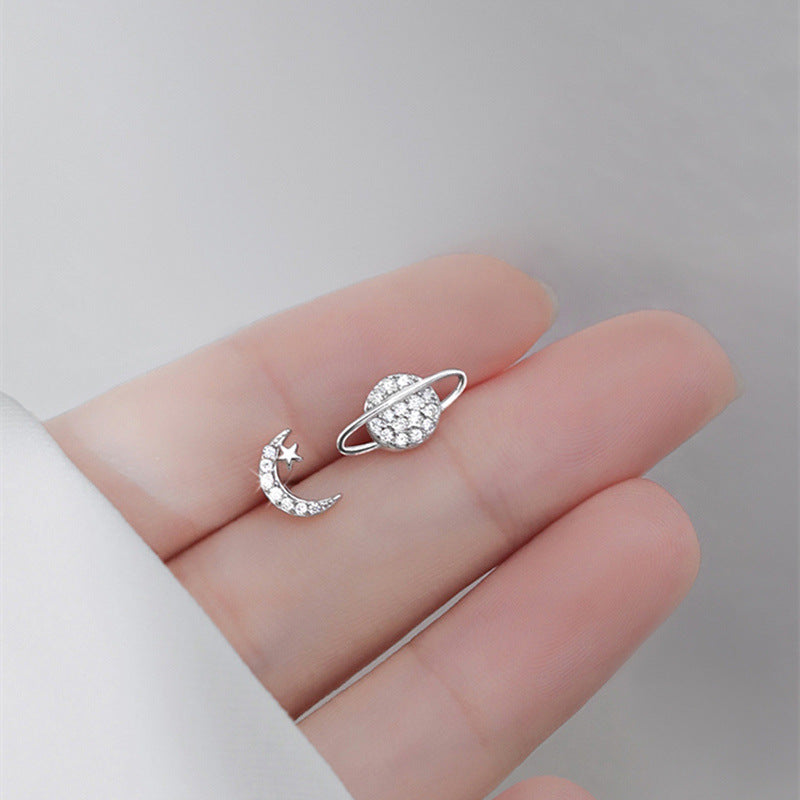 Zircon Star Moon Mini Earrings for Women Cute Korean Planet Asymmetric Ear Studs Piercing Earrings Jewelry Gifts