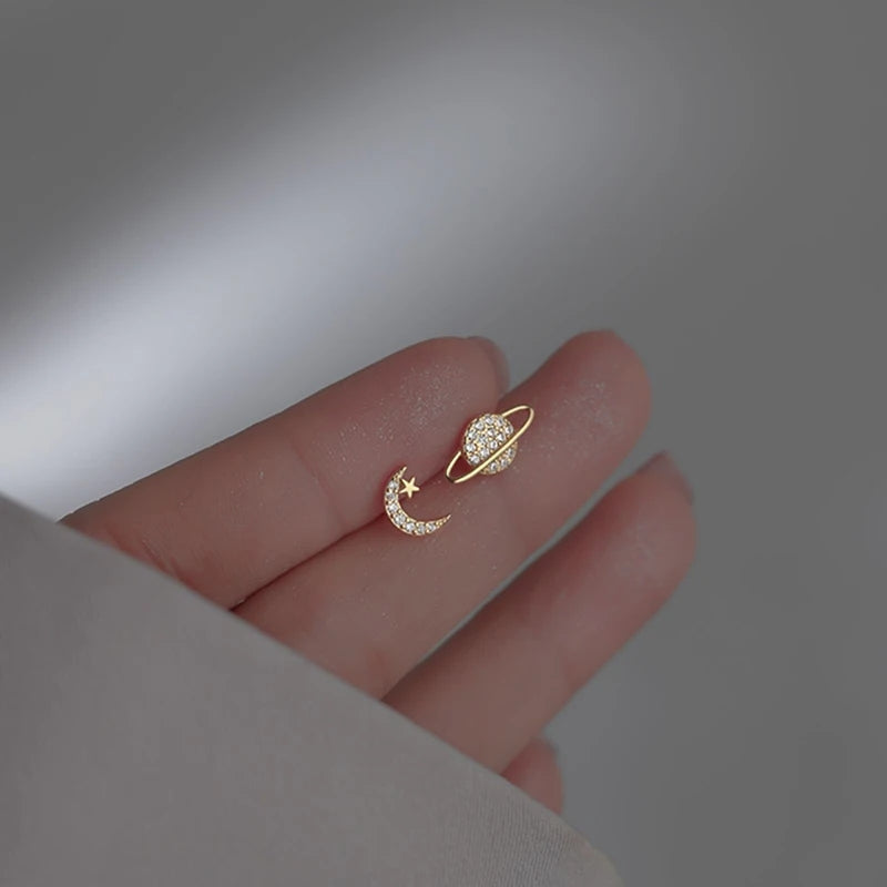 Zircon Star Moon Mini Earrings for Women Cute Korean Planet Asymmetric Ear Studs Piercing Earrings Jewelry Gifts