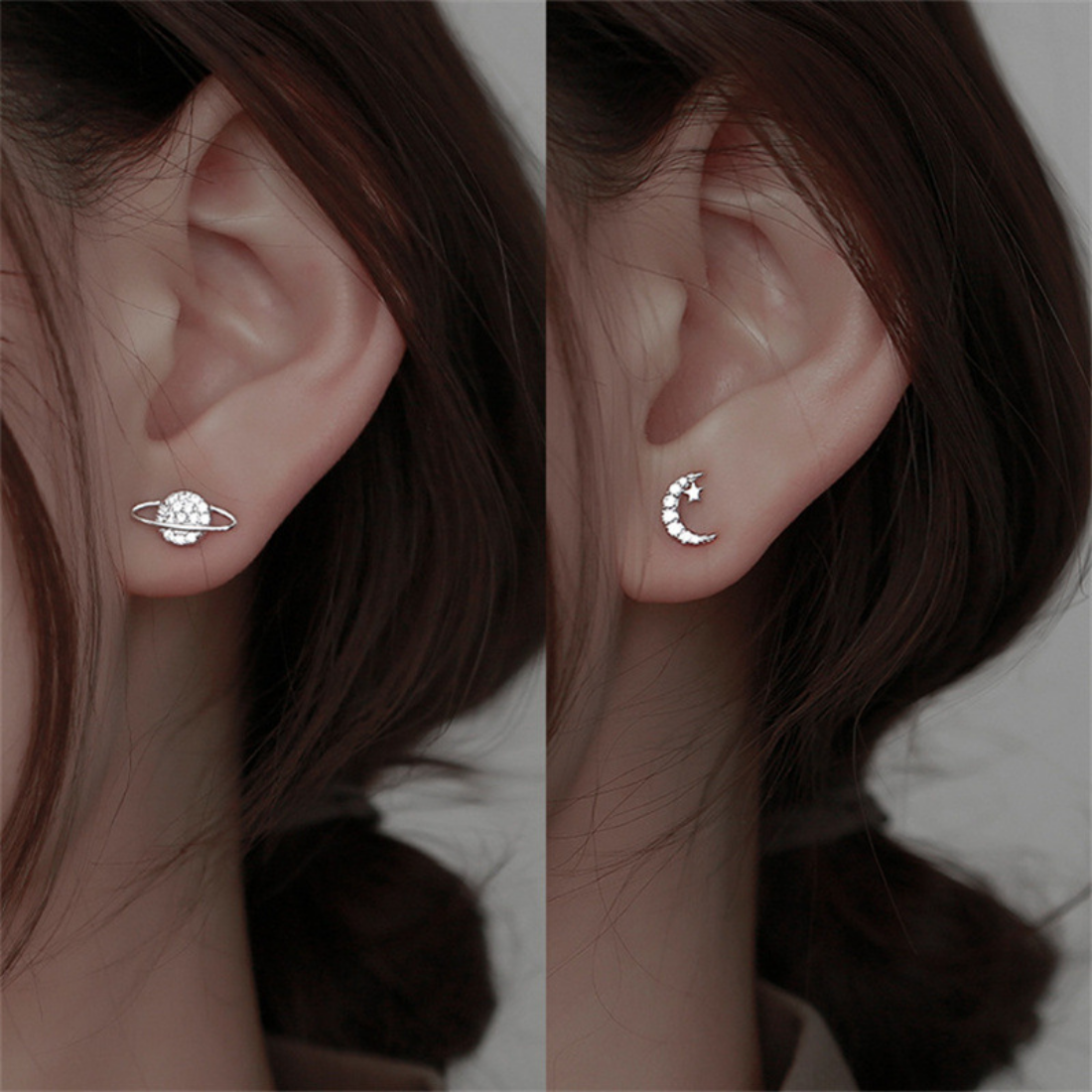 Zircon Star Moon Mini Earrings for Women Cute Korean Planet Asymmetric Ear Studs Piercing Earrings Jewelry Gifts