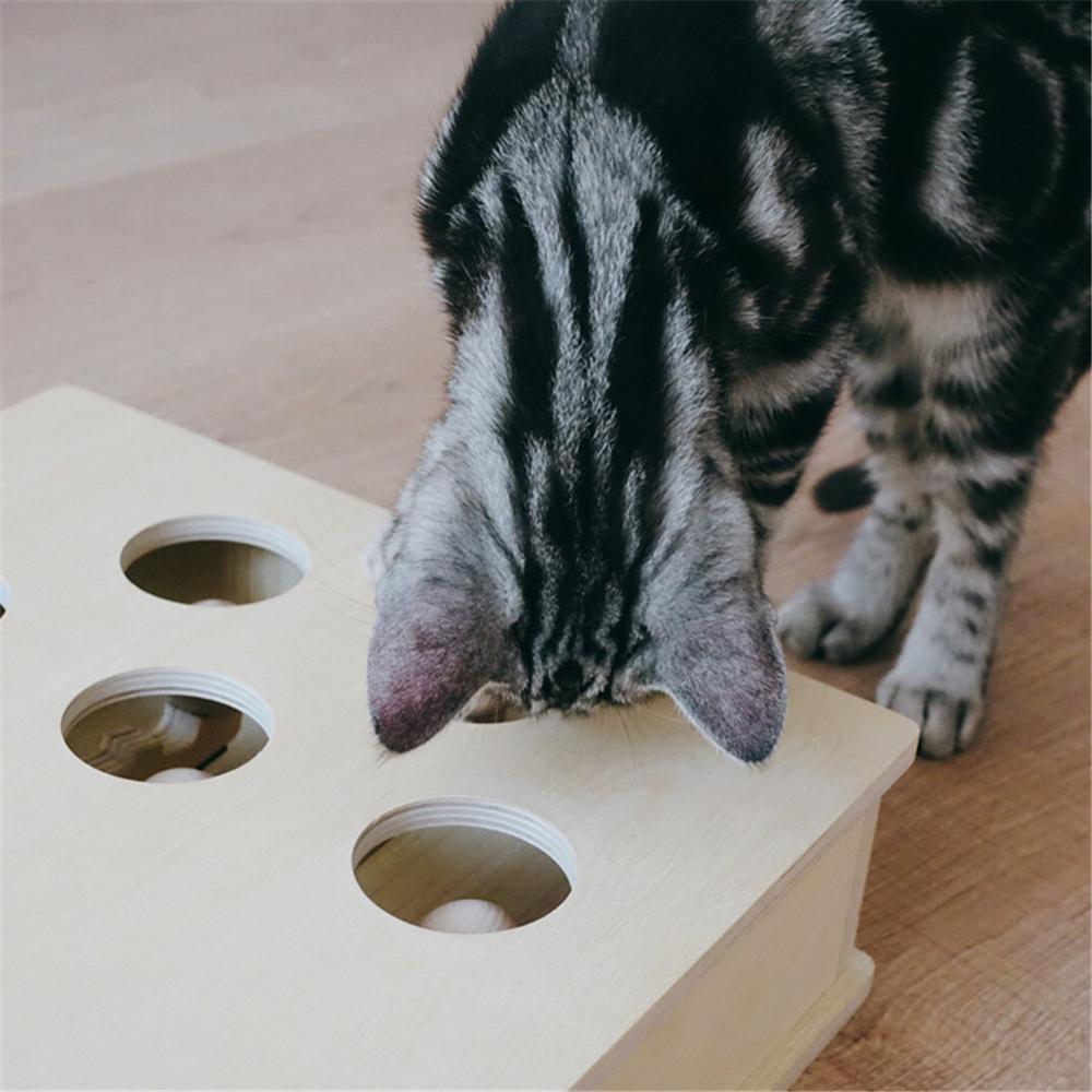 Cat Toy Chase Mouse Solid Wooden Interactive Maze Pet Hit Hamster With Three Five Holes Mouse Hole Catch Bite Catnip Funny Toy