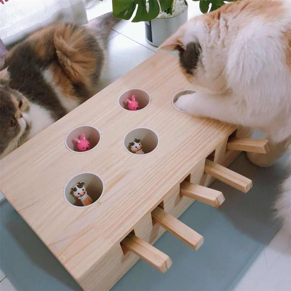 Cat Toy Chase Mouse Solid Wooden Interactive Maze Pet Hit Hamster With Three Five Holes Mouse Hole Catch Bite Catnip Funny Toy