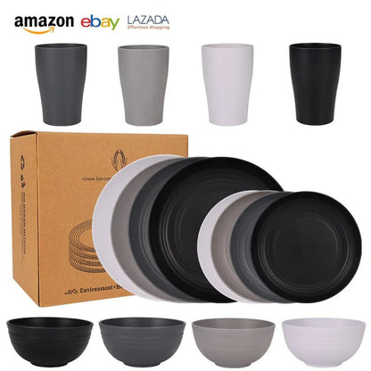 Dinnerware Sets Biodegradable Unbreakable Plates, Bowls, Cups Lightweight for Kitchen
