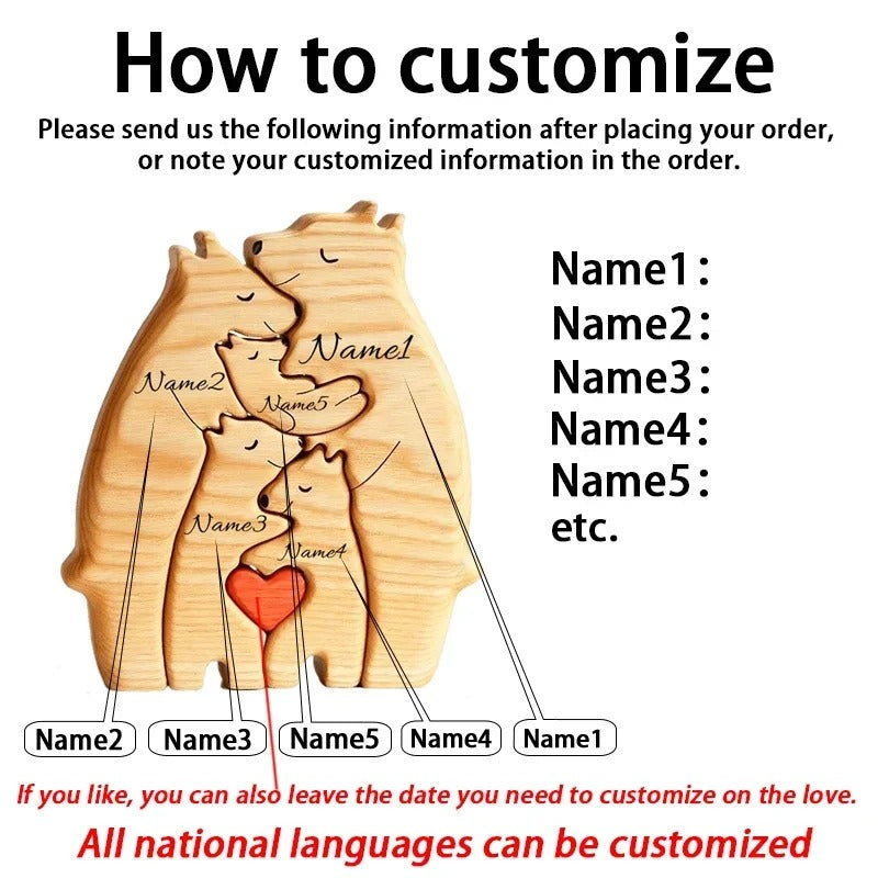 Art Wooden Bear Family Puzzle Personalized Name Custom