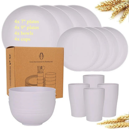 Dinnerware Sets Biodegradable Unbreakable Plates, Bowls, Cups Lightweight for Kitchen