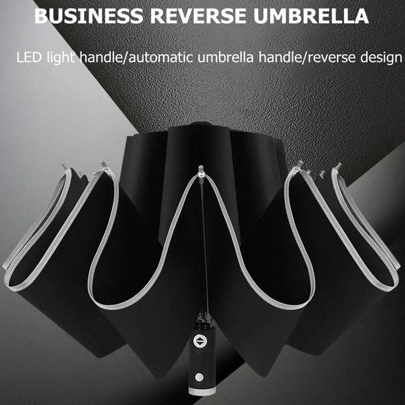 REFLECTIVE STRIPE REVERSE LED LIGHT AUTOMATIC UMBRELLA